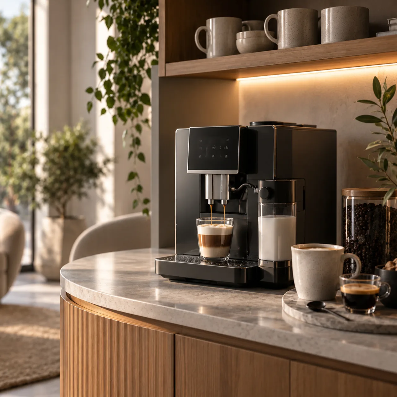 Svart kaffemaskin på marmorköksbänk